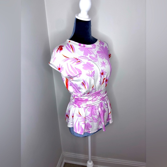 Anthropologie Pink & White Floral Print Top With Belted Waistband. Size Xs - Picture 3 of 9